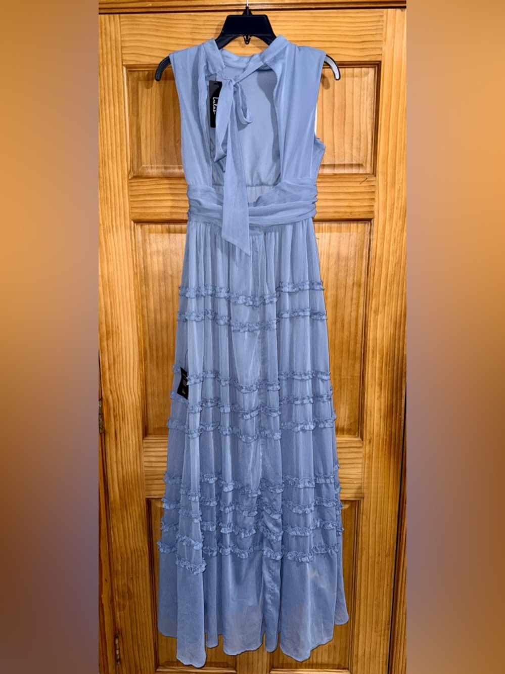 NWT Lulu's Enchantingly Sweet Slate Blue Chiffon Backless Maxi - M - Picture 9 of 16